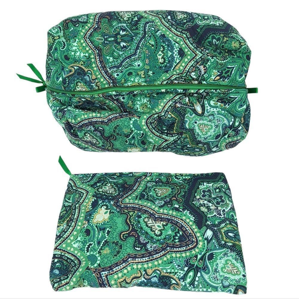 Handmade Makeup Cosmetic Bag Set Green Floral Travel Zip Case Lined Make Up